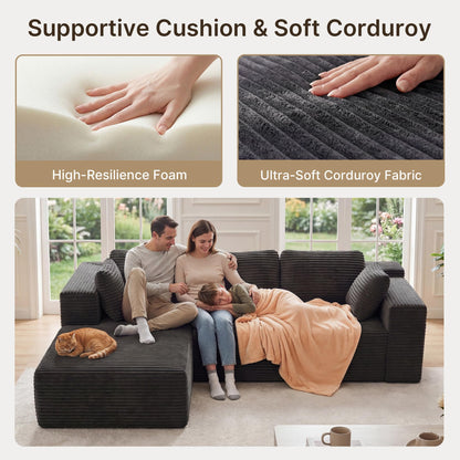 250cm Modular L-Shaped Corner Sofa in Dark Grey Corduroy with Built-In Storage and No Assembly Required