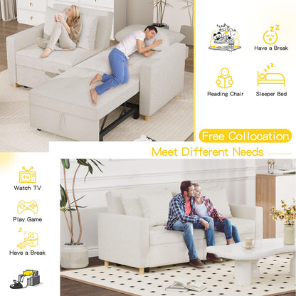 3-in-1 Convertible Sofa Bed with Dual Independent Adjustable Backrests and Castor Wheels, White Linen