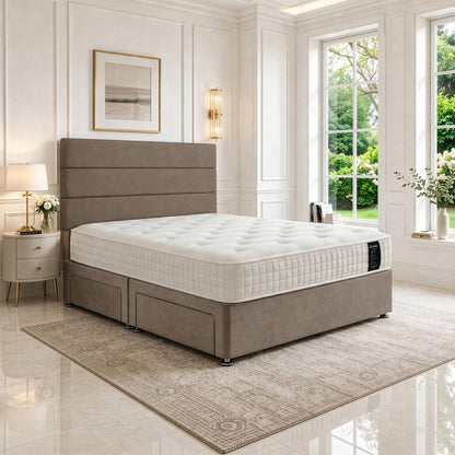 5ft King Size Divan Bed Set with Orthopaedic Mattress, 2 Storage Drawers and 26-Inch Headboard, Silver