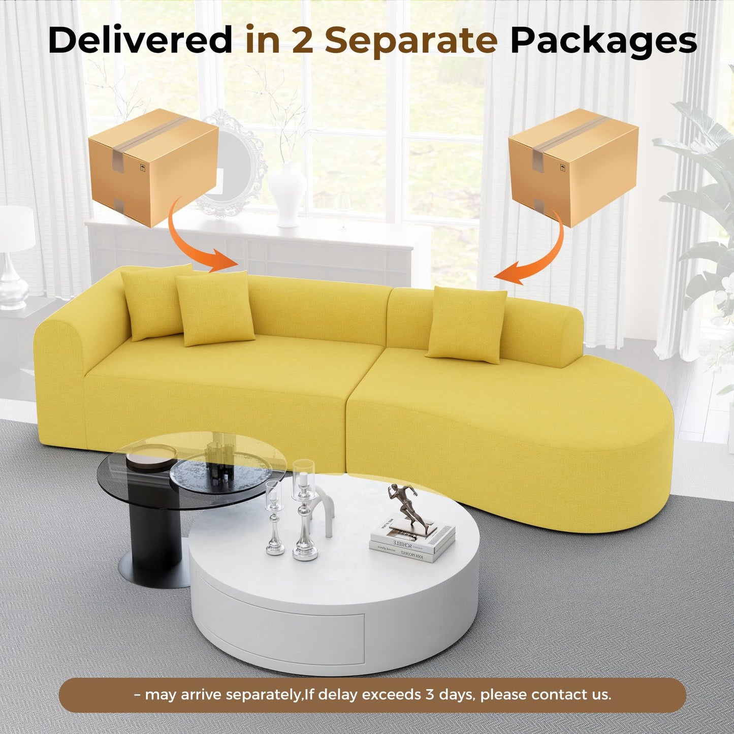 315cm Modular Boneless Corner Sofa in Yellow Chenille with Memory Foam Cushions and No Assembly Required