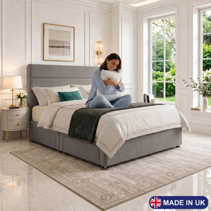 5ft King Size Divan Bed Set with Orthopaedic Mattress, 2 Storage Drawers and 26-Inch Headboard, Grey