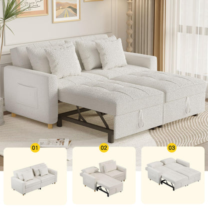 3-in-1 Convertible Sofa Bed with Dual Independent Adjustable Backrests and Castor Wheels, White Linen