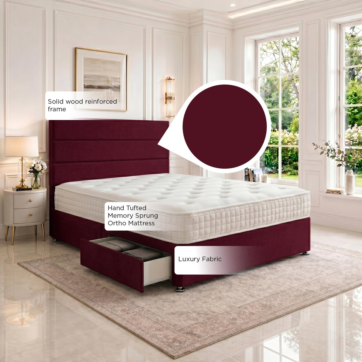 5ft King Size Divan Bed Set with Orthopaedic Mattress, 2 Storage Drawers and 26-Inch Headboard, Mulberry
