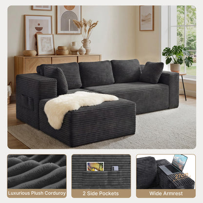 250cm Modular L-Shaped Corner Sofa in Dark Grey Corduroy with Built-In Storage and No Assembly Required