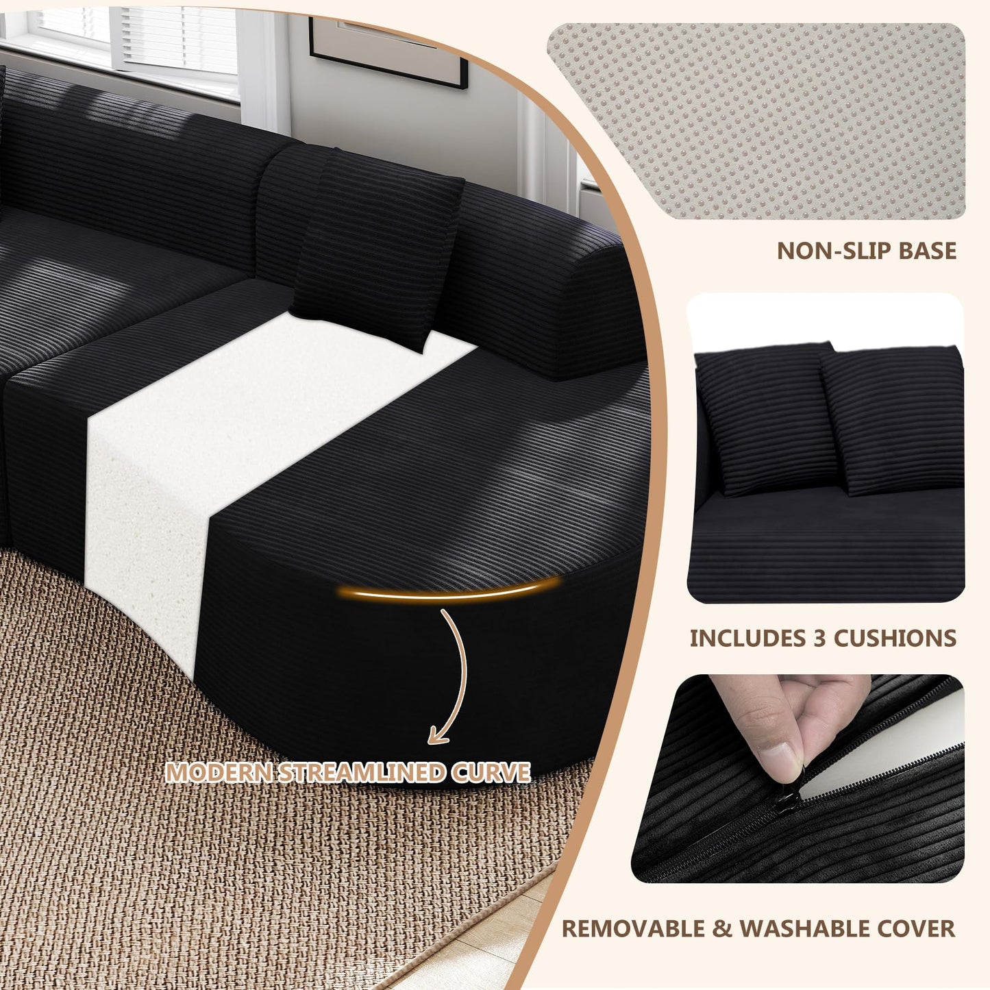 315cm Modular Boneless Corner Sofa in Black Corduroy with Memory Foam Cushions and No Assembly Required