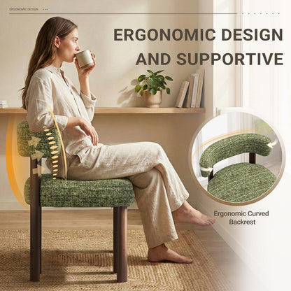 Set of 6 Upholstered Wood Dining Chairs with Curved Open Backrest and Thick Seat Cushion, Green Fabric