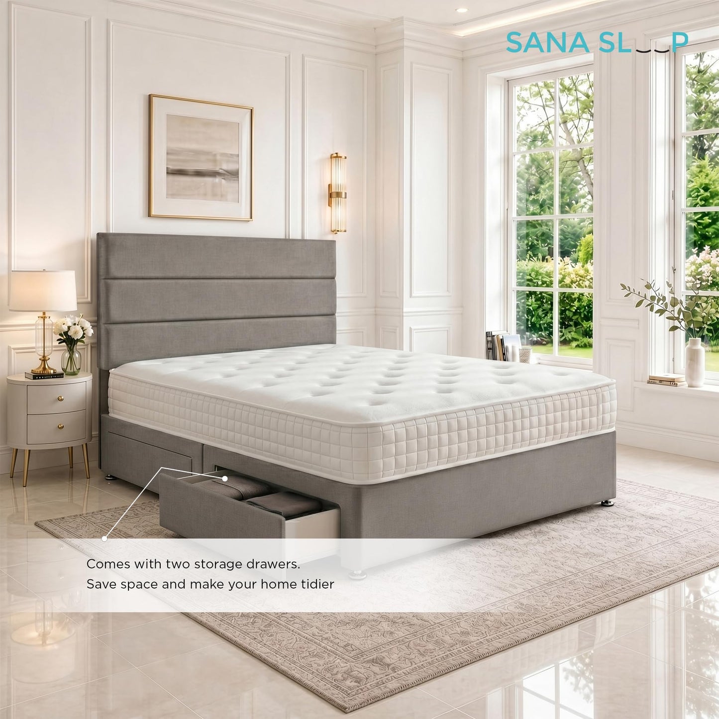 5ft King Size Divan Bed Set with Orthopaedic Mattress, 2 Storage Drawers and 26-Inch Headboard, Grey