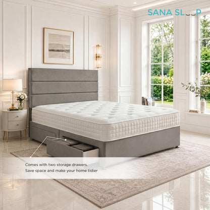 5ft King Size Divan Bed Set with Orthopaedic Mattress, 2 Storage Drawers and 26-Inch Headboard, Grey