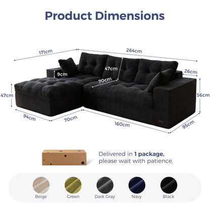 Modular 3-4 Seater L-Shaped Corner Sofa in Black Jumbo Corduroy with Removable Footstool, No Assembly