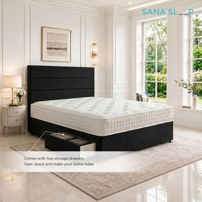 5ft King Size Divan Bed Set with Orthopaedic Mattress, 2 Storage Drawers and 26-Inch Headboard, Black