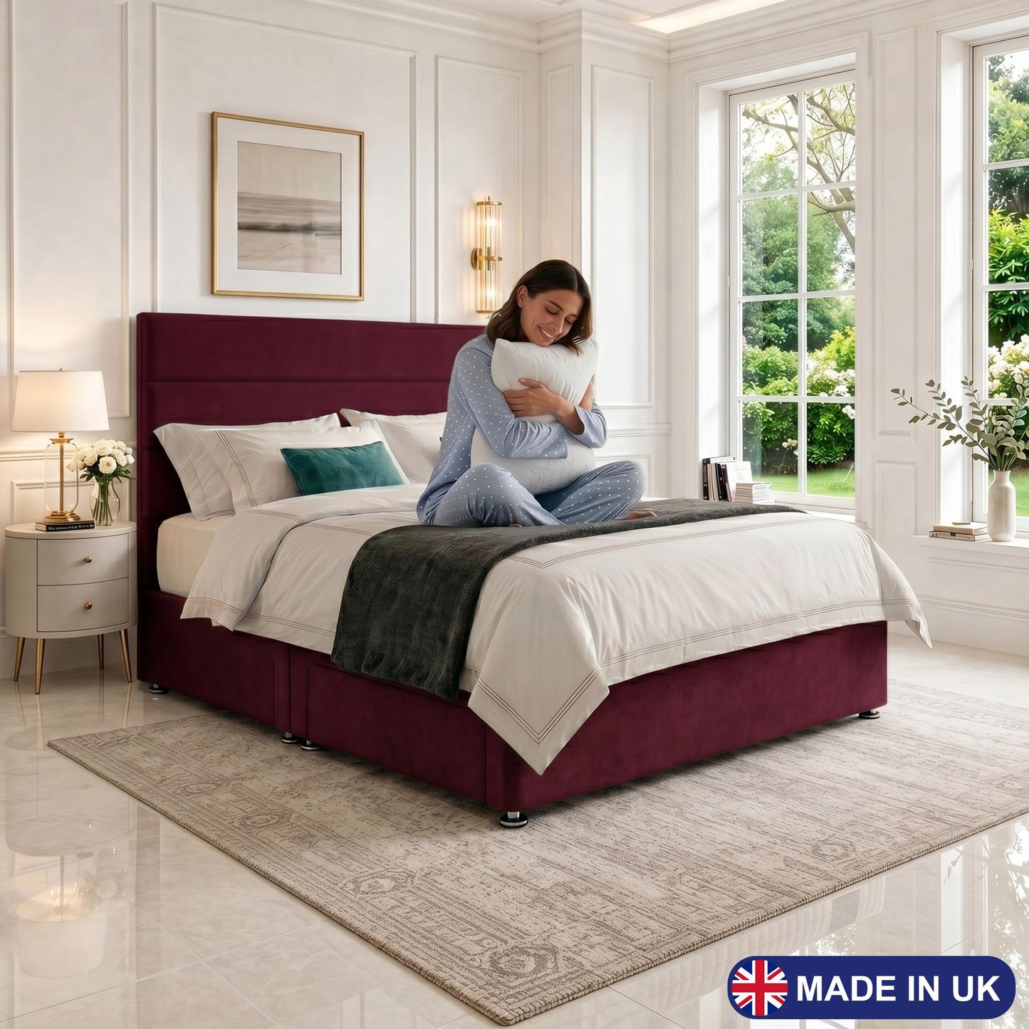 5ft King Size Divan Bed Set with Orthopaedic Mattress, 2 Storage Drawers and 26-Inch Headboard, Mulberry