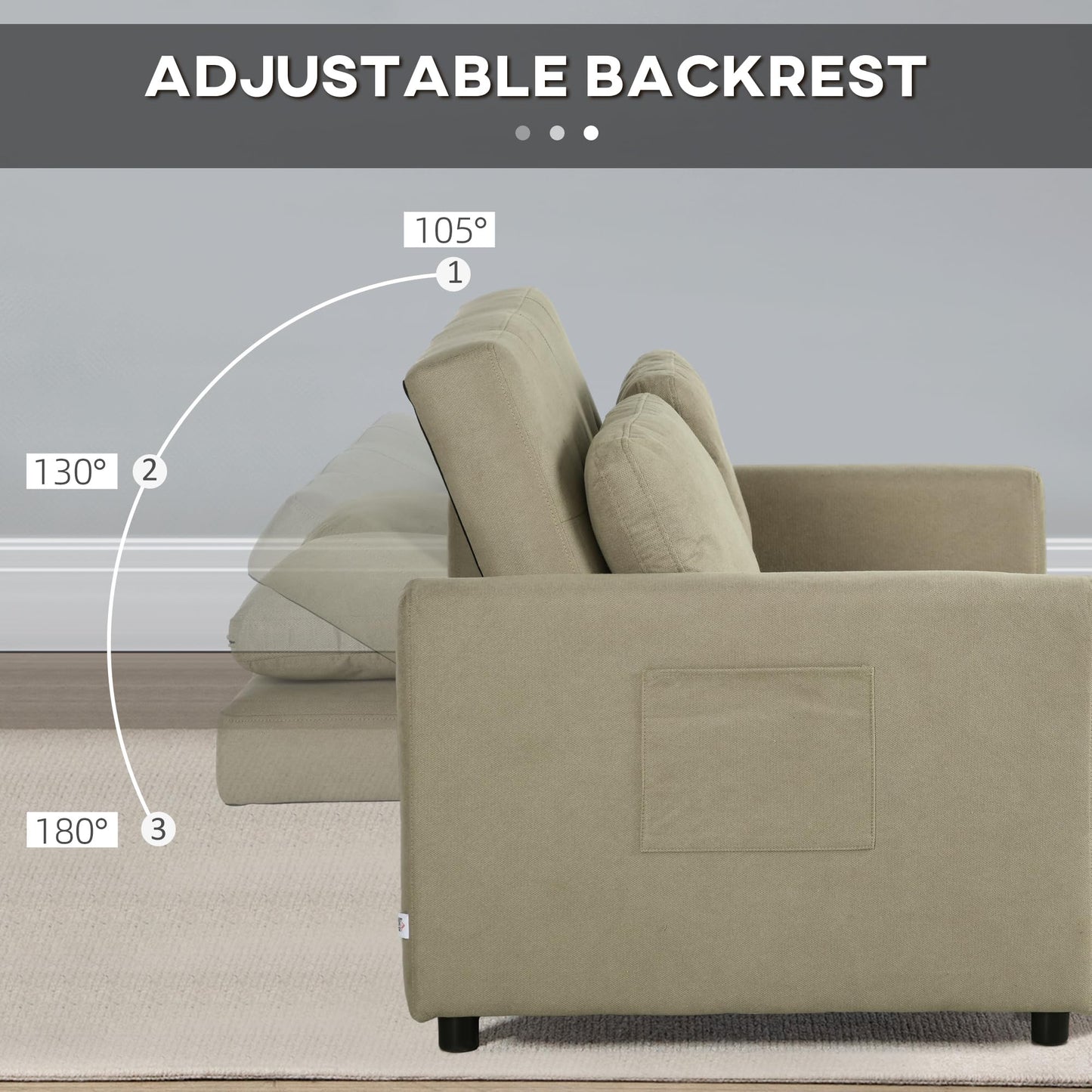 2-Seater Sofa Bed Settee in Snow Flannel with 3-Position Recline and Pull-Out Bed, 120cm, Light Brown