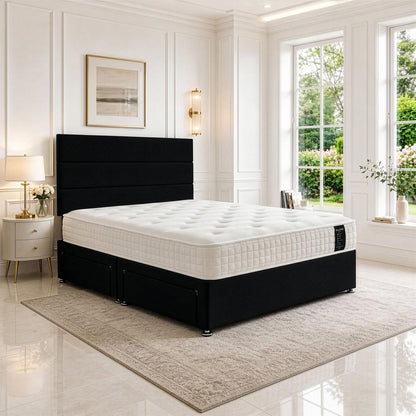 5ft King Size Divan Bed Set with Orthopaedic Mattress, 2 Storage Drawers and 26-Inch Headboard, Black