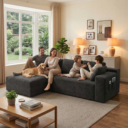 250cm Modular L-Shaped Corner Sofa in Dark Grey Corduroy with Built-In Storage and No Assembly Required