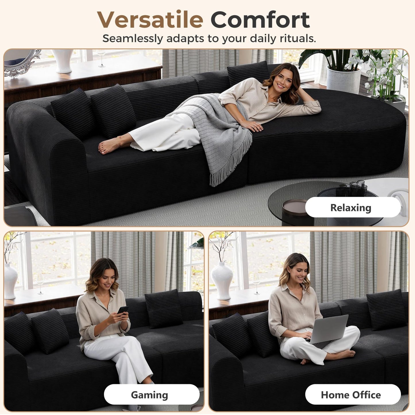 315cm Modular Boneless Corner Sofa in Black Corduroy with Memory Foam Cushions and No Assembly Required
