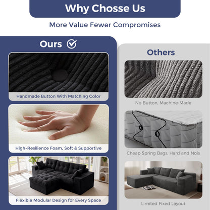 Modular 3-4 Seater L-Shaped Corner Sofa in Black Jumbo Corduroy with Removable Footstool, No Assembly