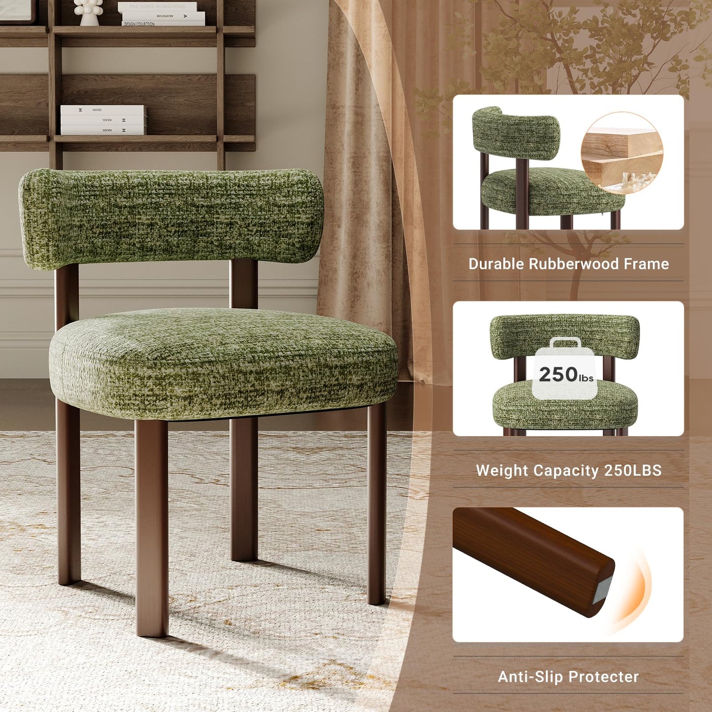 Set of 6 Upholstered Wood Dining Chairs with Curved Open Backrest and Thick Seat Cushion, Green Fabric