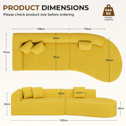 315cm Modular Boneless Corner Sofa in Yellow Chenille with Memory Foam Cushions and No Assembly Required