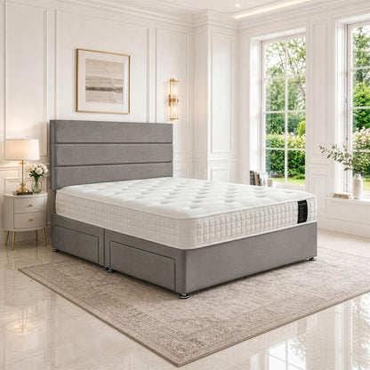 5ft King Size Divan Bed Set with Orthopaedic Mattress, 2 Storage Drawers and 26-Inch Headboard, Grey