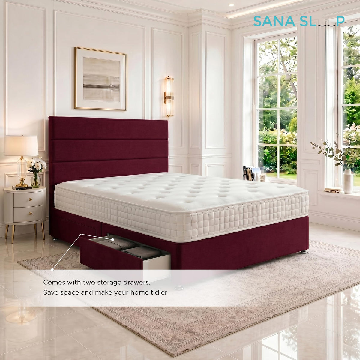 5ft King Size Divan Bed Set with Orthopaedic Mattress, 2 Storage Drawers and 26-Inch Headboard, Mulberry