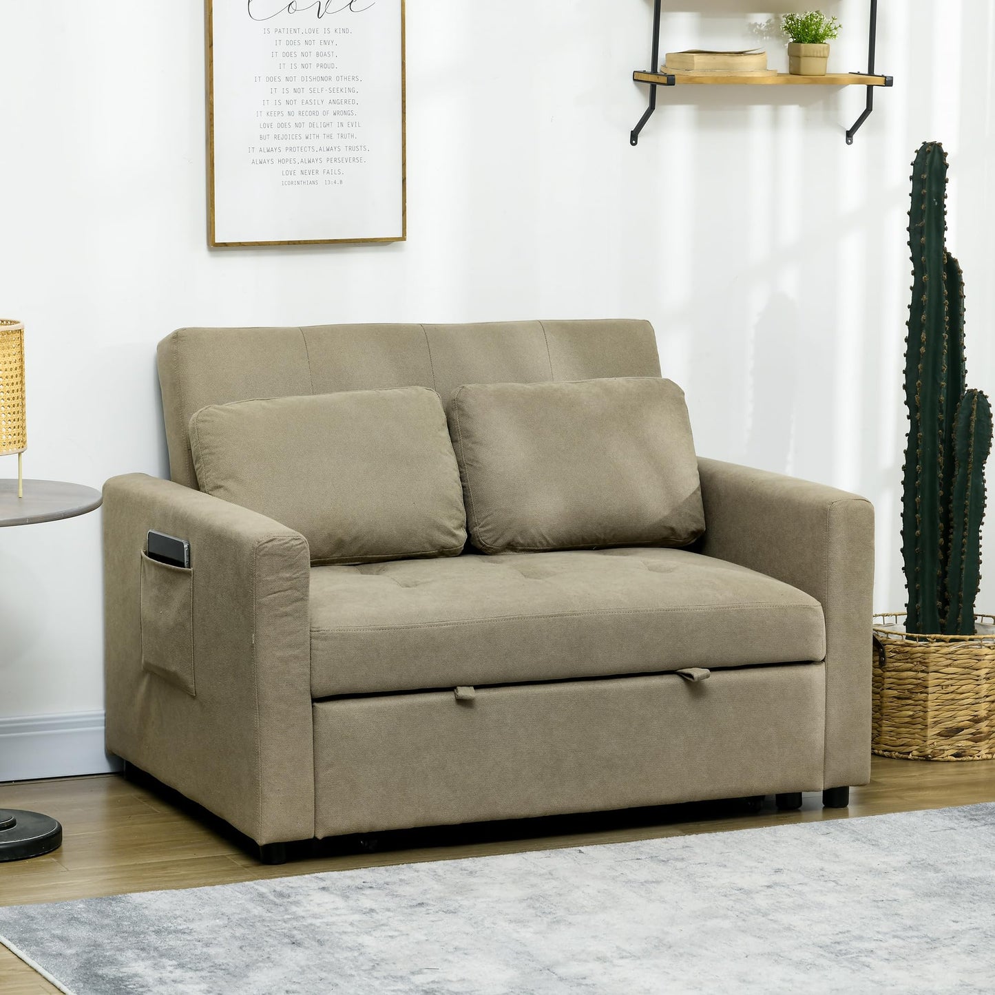 2-Seater Sofa Bed Settee in Snow Flannel with 3-Position Recline and Pull-Out Bed, 120cm, Light Brown