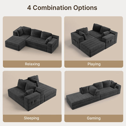 250cm Modular L-Shaped Corner Sofa in Dark Grey Corduroy with Built-In Storage and No Assembly Required