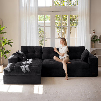 Modular 3-4 Seater L-Shaped Corner Sofa in Black Jumbo Corduroy with Removable Footstool, No Assembly