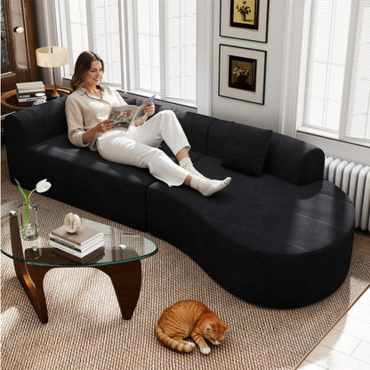315cm Modular Boneless Corner Sofa in Black Corduroy with Memory Foam Cushions and No Assembly Required
