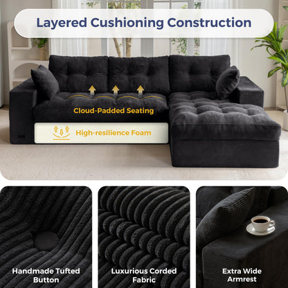 Modular 3-4 Seater L-Shaped Corner Sofa in Black Jumbo Corduroy with Removable Footstool, No Assembly