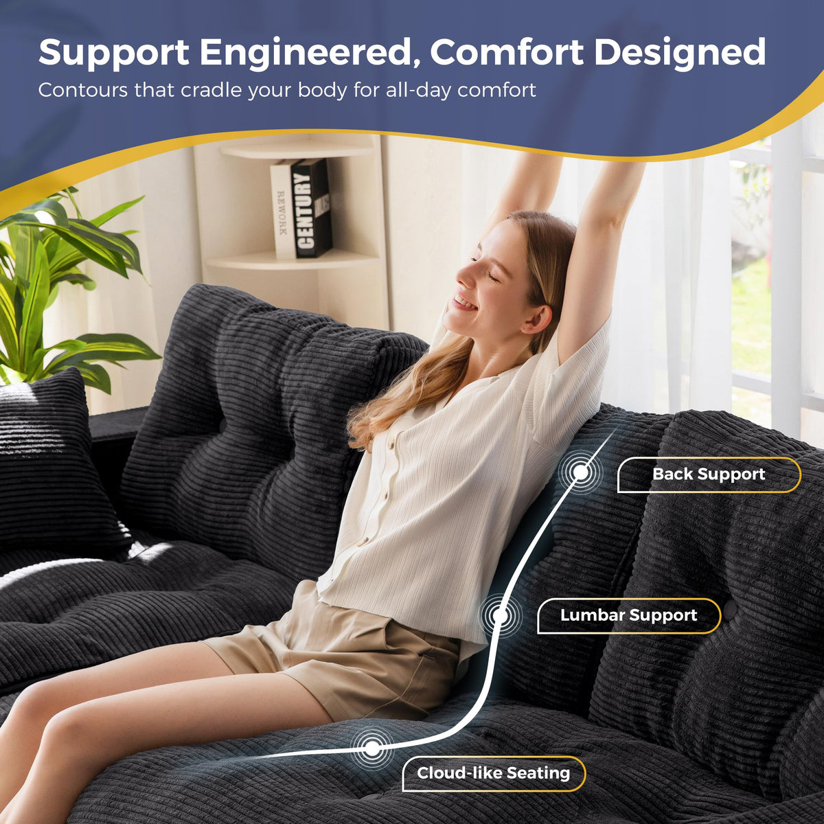 Modular 3-4 Seater L-Shaped Corner Sofa in Black Jumbo Corduroy with Removable Footstool, No Assembly