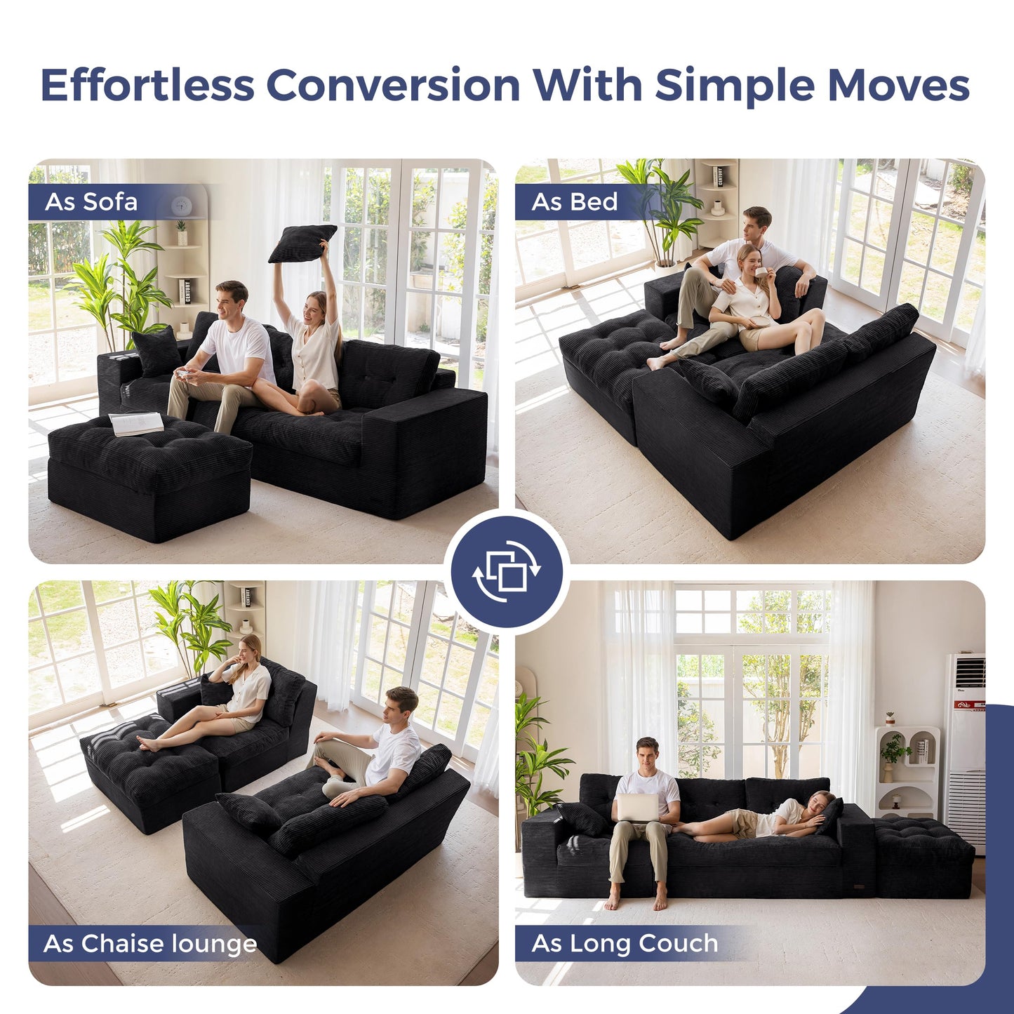 Modular 3-4 Seater L-Shaped Corner Sofa in Black Jumbo Corduroy with Removable Footstool, No Assembly