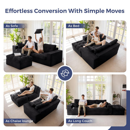 Modular 3-4 Seater L-Shaped Corner Sofa in Black Jumbo Corduroy with Removable Footstool, No Assembly