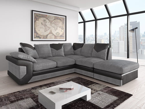 Large L-Shaped Corner Sofa in Jumbo Cord and Faux Leather with Foam Cushions, Grey Black, Right Hand