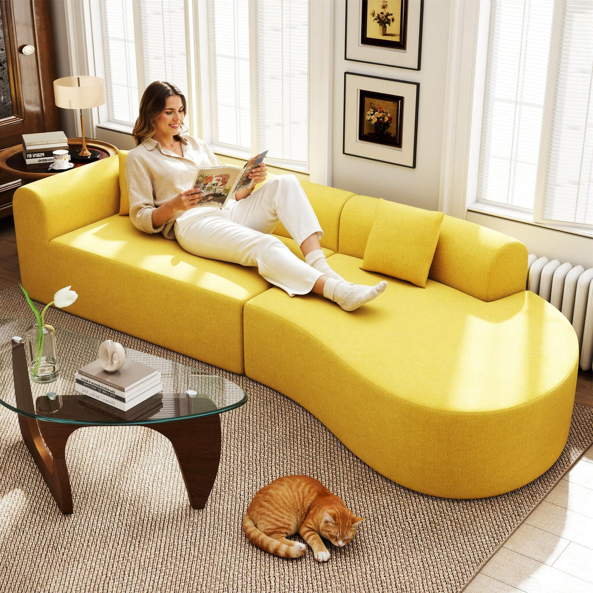315cm Modular Boneless Corner Sofa in Yellow Chenille with Memory Foam Cushions and No Assembly Required