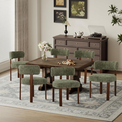 Set of 6 Upholstered Wood Dining Chairs with Curved Open Backrest and Thick Seat Cushion, Green Fabric