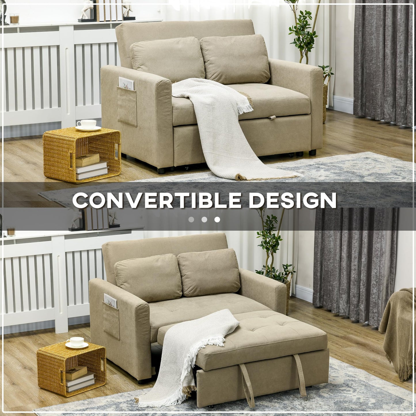 2-Seater Sofa Bed Settee in Snow Flannel with 3-Position Recline and Pull-Out Bed, 120cm, Light Brown