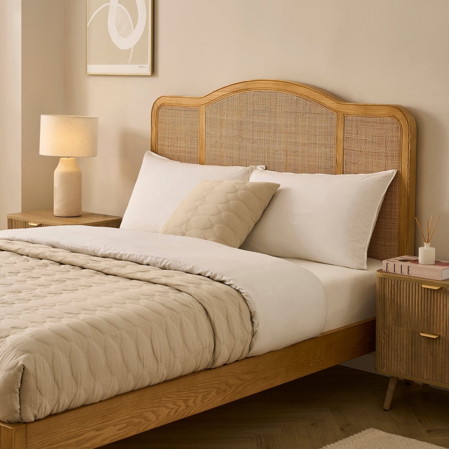 Annecy Natural Rattan Bed Frame with Sprung Slat Base and Curved Headboard