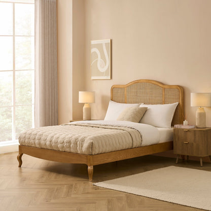 Annecy Natural Rattan Bed Frame with Sprung Slat Base and Curved Headboard